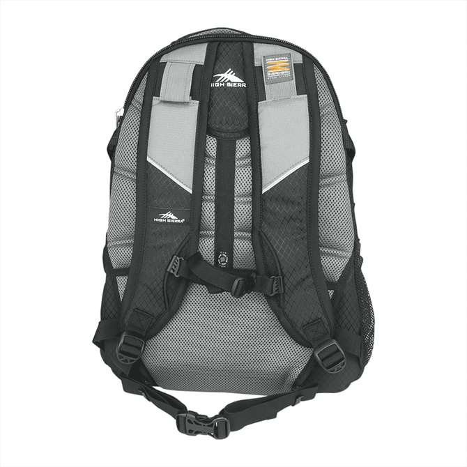 A grey and black High Sierra Access 17" 46L Computer Backpack with padded straps and mesh detailing.