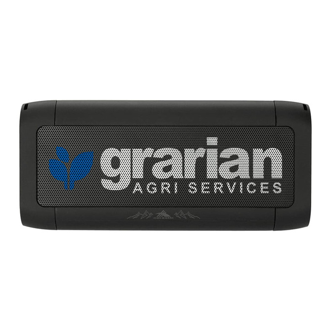A black speaker and power bank with a mesh front and a logo.