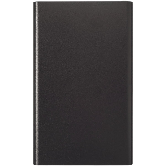 A sleek black powerbank charger with a smooth finish and a minimalistic design. It features a logo on the surface.