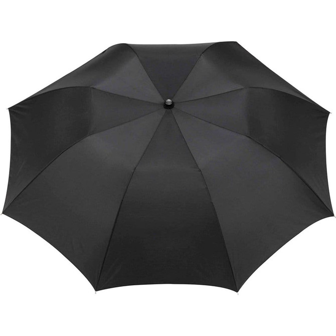 A black folding auto umbrella featuring a smooth, sleek design and a central button for easy operation.