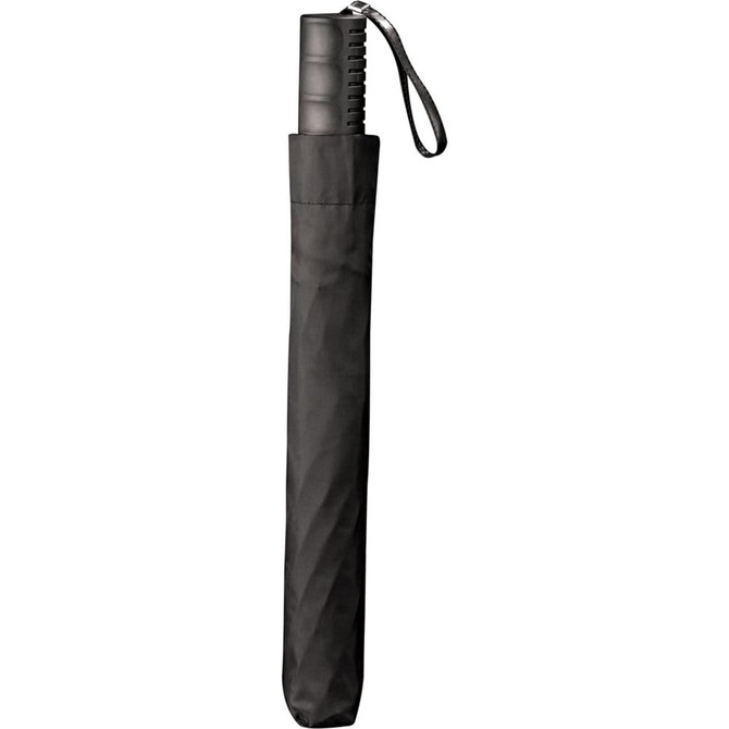 A black folding auto umbrella with a sleek handle and a protective cover featuring a wrist strap.