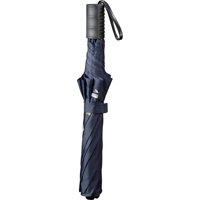 A navy folding auto umbrella with a black handle and a strap, secured with a fabric tie.