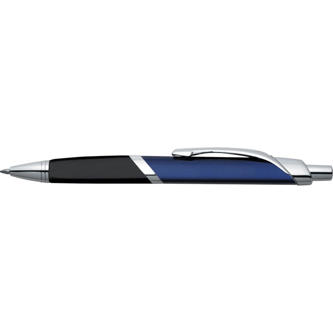 A metal pen featuring a blue and black design with a silver clip and accents. It includes a logo on the side.