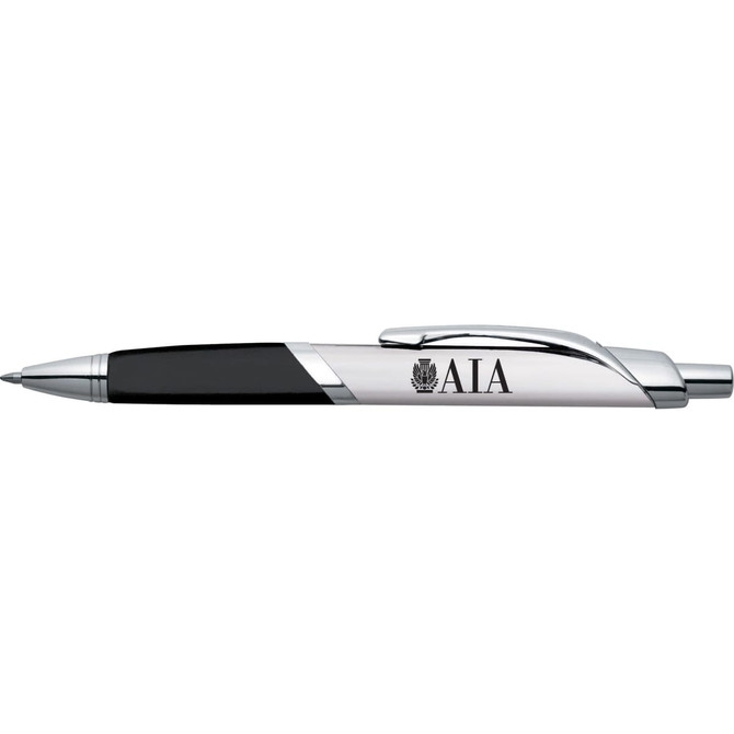 A sleek silver and black metal pen with a clip and a logo on the barrel.