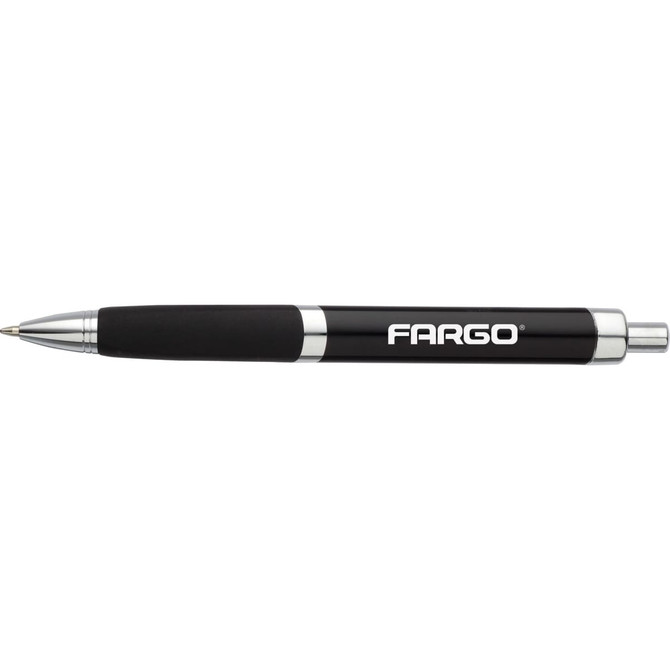 A black metal pen with silver accents and a rubber grip, featuring a logo.