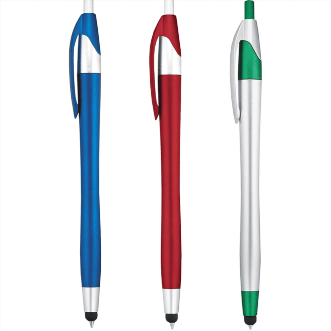A group of three stylus pens in blue, red, and silver with a green accent, each featuring a logo.