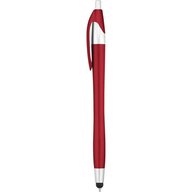 A red stylus pen with a sleek silver clip and tip, featuring a logo on the body.