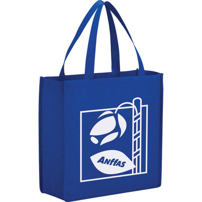 A blue non-woven shopper tote with sturdy handles and a logo on one side.