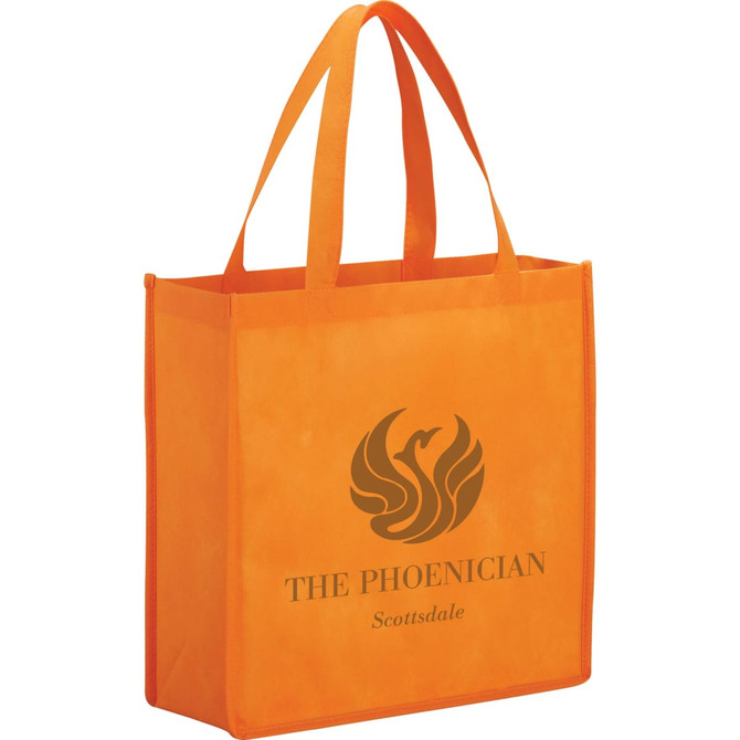 An orange non-woven tote bag with a logo, featuring sturdy handles for easy carrying.