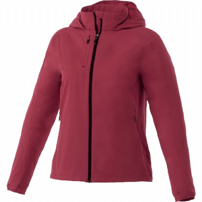 A lightweight women's jacket in a deep burgundy colour, featuring a hood and front zip closure. It has side pockets and a logo.