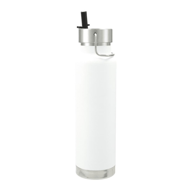 A drink bottle featuring a sleek white exterior, stainless steel accents, and a straw lid. It includes a logo.