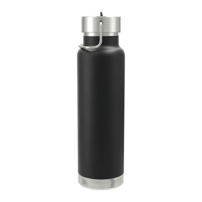 A drink bottle featuring a sleek black design with a metal straw lid and a silver finish at the base.