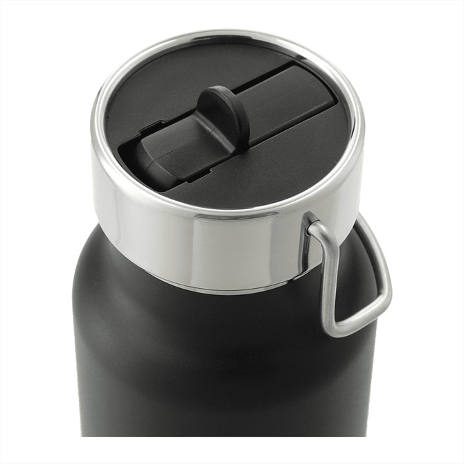 A drink bottle in matte black with a silver lid, featuring a straw lid and a handle.