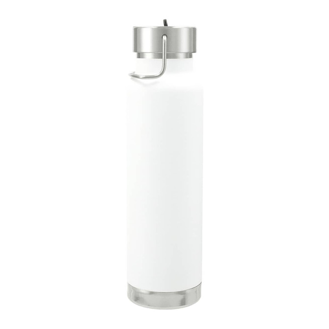 A drink bottle in white with a stainless steel lid and base, featuring a handle and a straw lid.