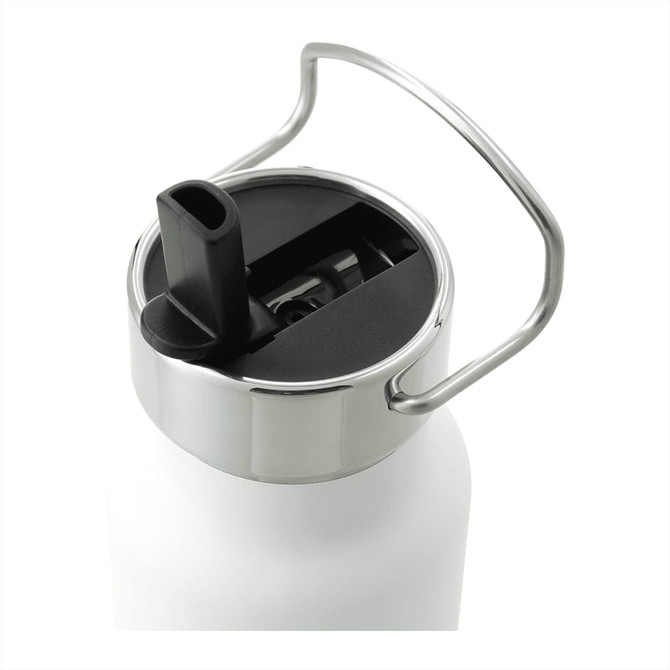 A drink bottle with a stainless steel lid and a black straw lid, featuring a curved handle. The body is white.