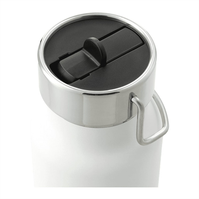 A drink bottle with a stainless steel lid and a dark straw lid, featuring a sleek white body.