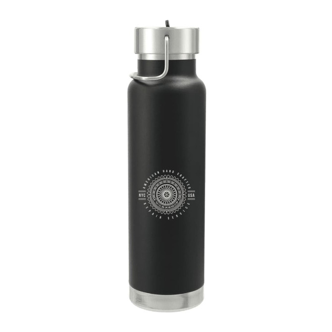 A drink bottle in matte black with a stainless steel lid and base, featuring a circular logo design.
