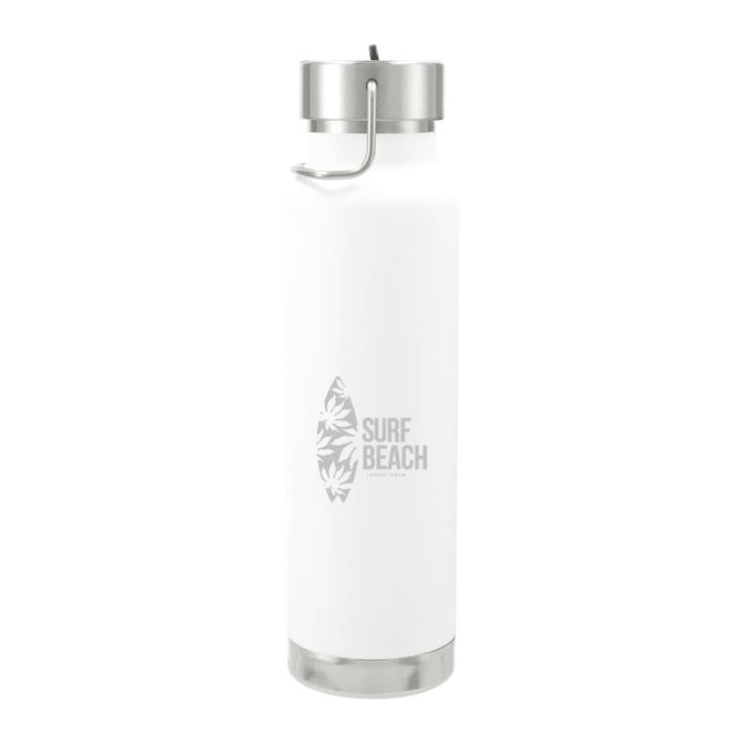 A drink bottle in white with a stainless steel lid and base, featuring a logo and a surfboard design.