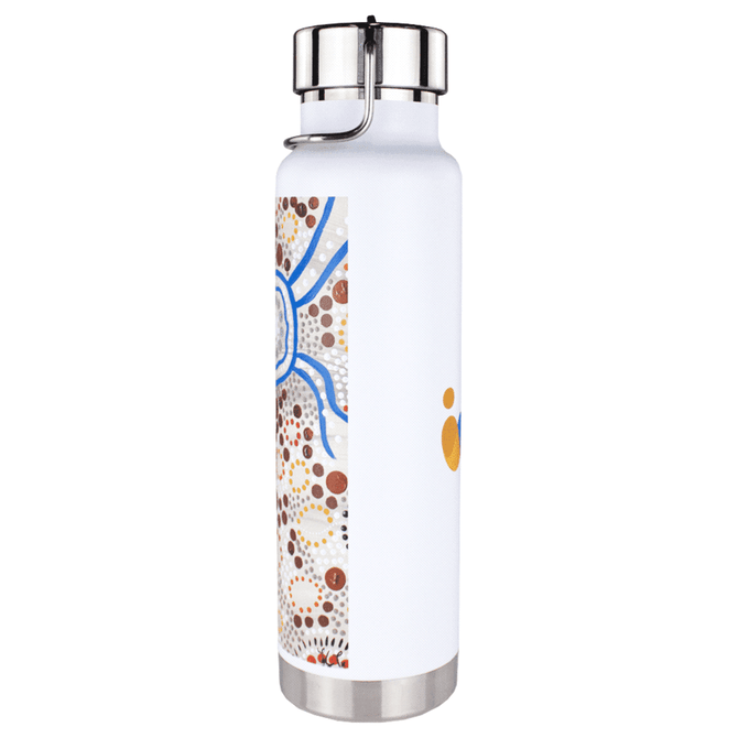 A drink bottle with a white body and colourful Aboriginal-inspired designs, featuring a stainless steel lid and base.