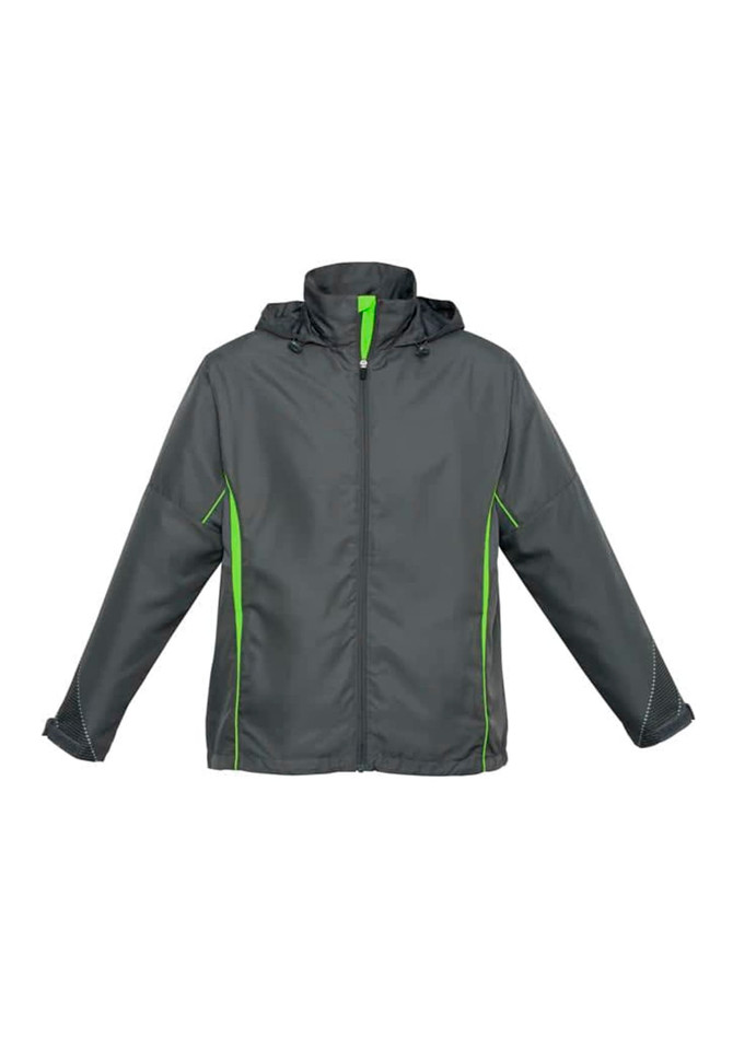 A grey jacket with green detailing, featuring a hood and long sleeves. It has a logo on the chest area.