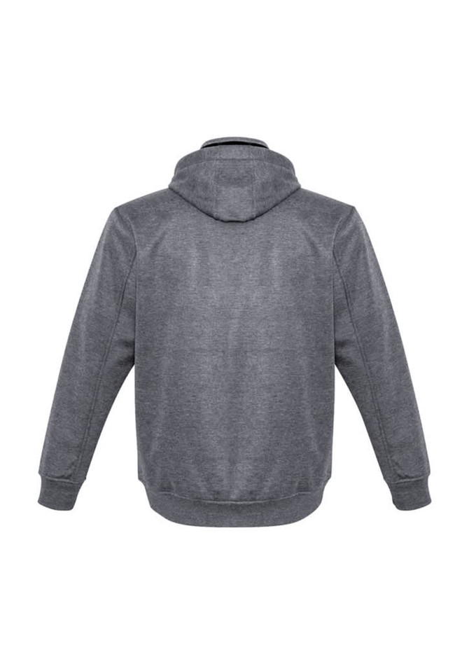A grey men's jacket with a hood and long sleeves. The jacket features a logo on the back.