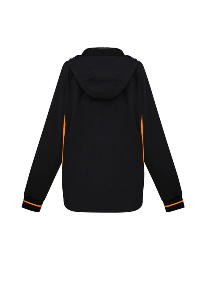 A black jacket with orange accents and a hood, featuring a breathable back design. It has a logo on it.