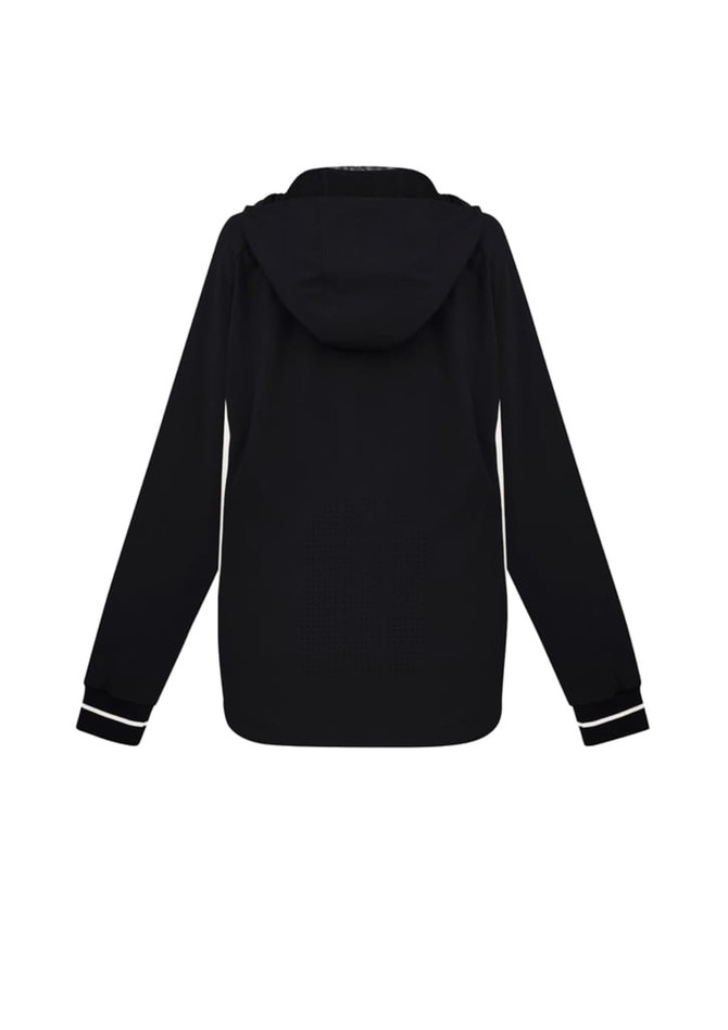 A black jacket featuring a hood and long sleeves, with a logo on the back.