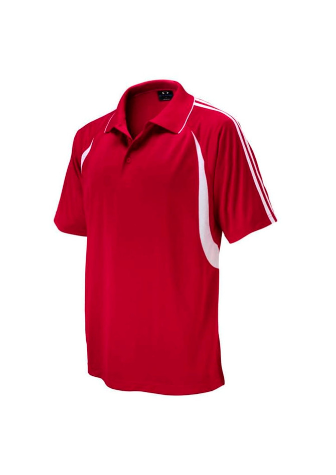 A red polo shirt featuring white side stripes and a collar. It has a logo on the chest.