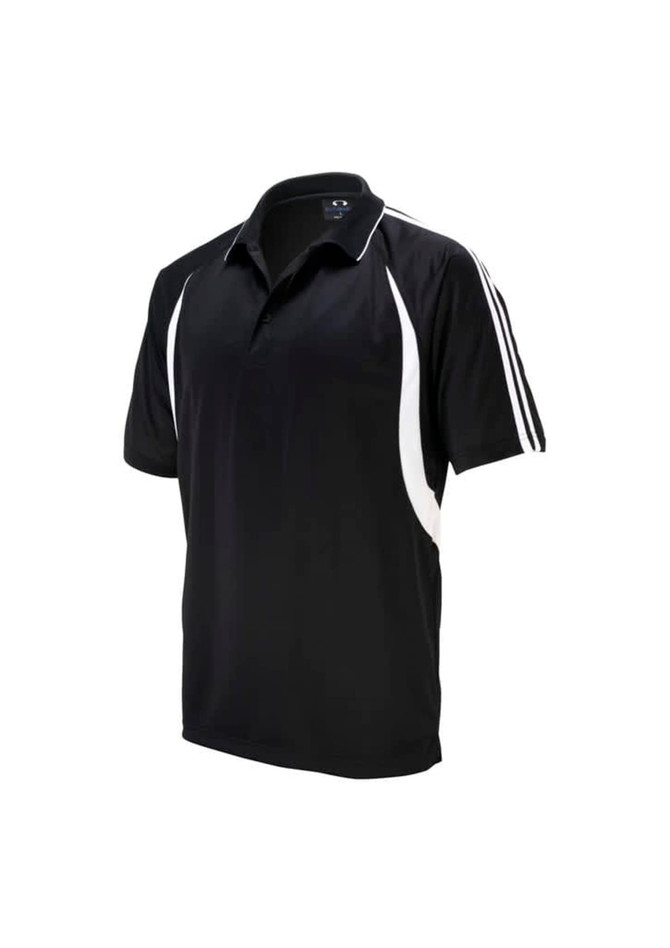 A black men's polo shirt featuring white accents and a logo. Designed for casual or athletic wear.