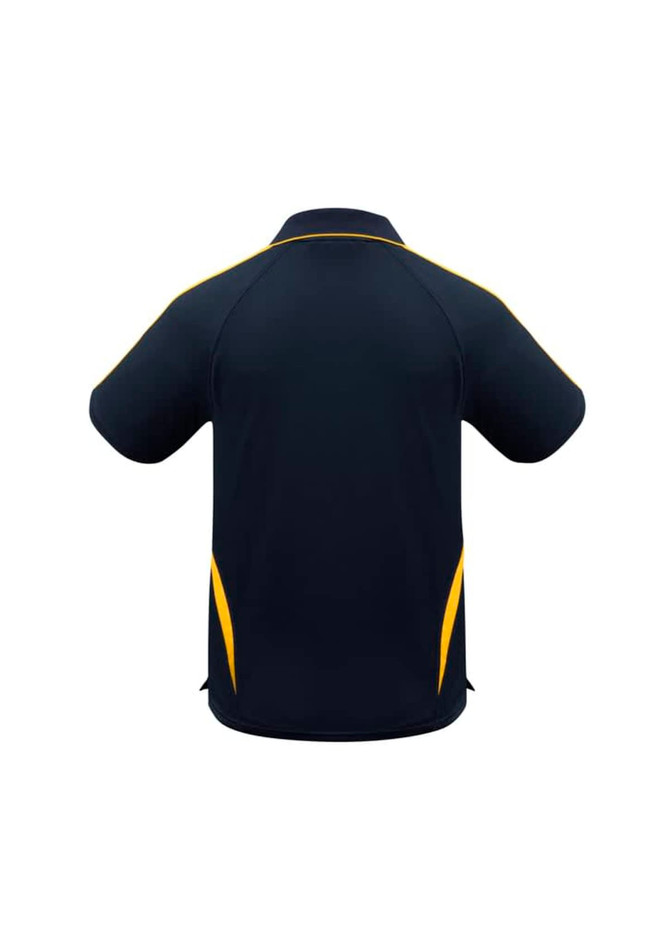 A polo shirt in navy with yellow accents, featuring a logo on the back.