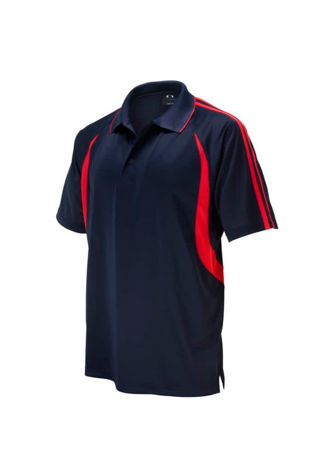 A navy blue polo shirt with red stripes, featuring a collar and short sleeves. It has a logo on the front.