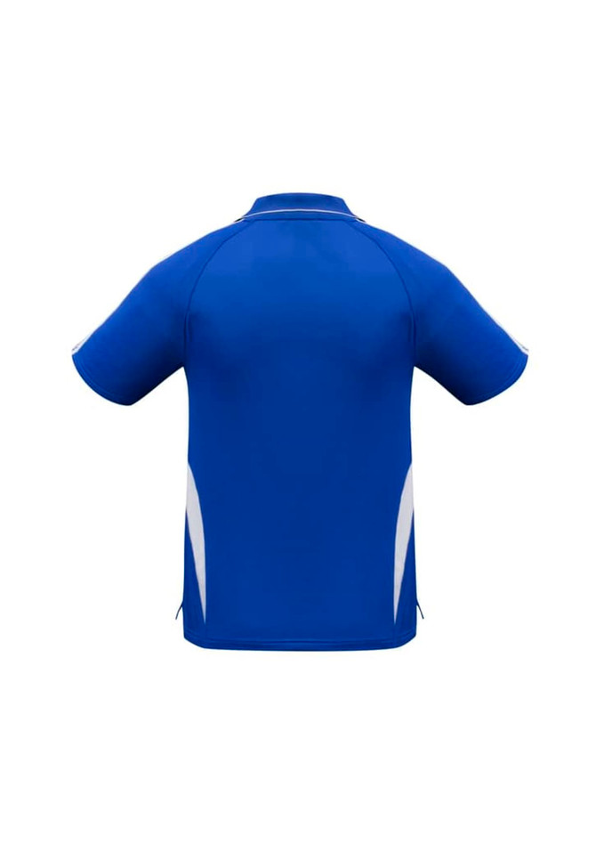 A blue polo shirt with white accents and a logo on the back. Features a classic collar and short sleeves.