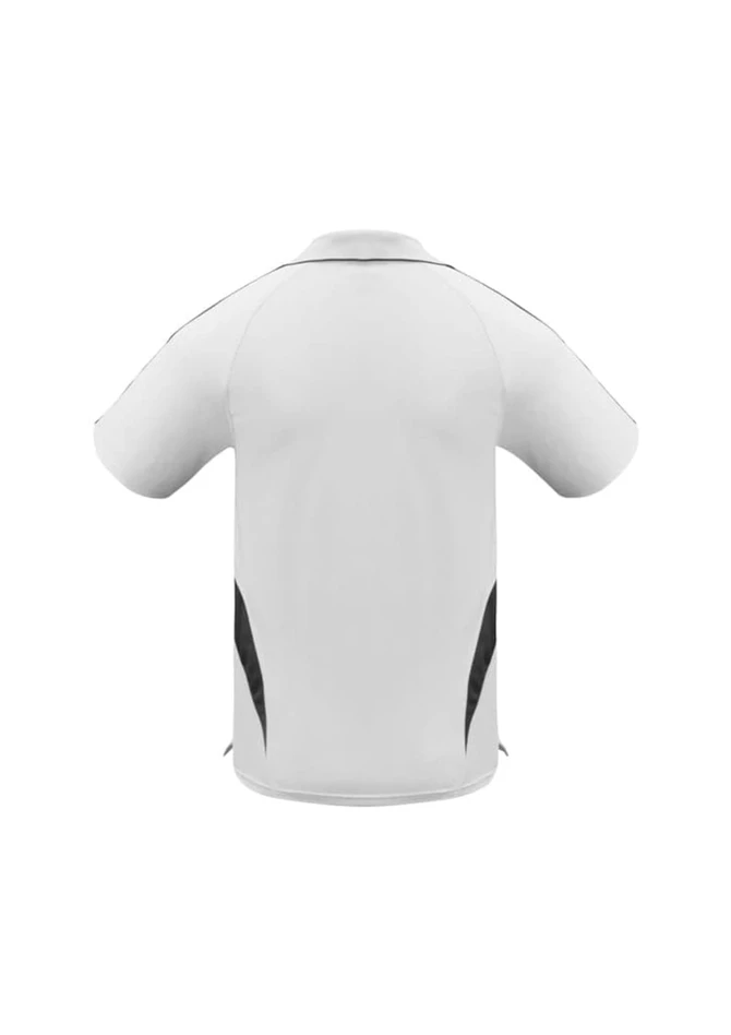 A white polo shirt featuring black details and a logo. The shirt has short sleeves and a collar.