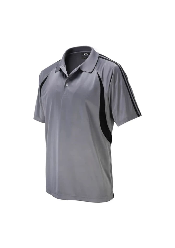 A grey polo shirt with black side panels and a logo on the chest, featuring a classic collar and short sleeves.