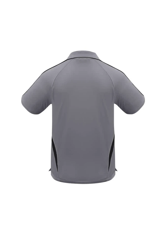 A grey kids' polo shirt featuring black side accents and a collar, designed with a logo.