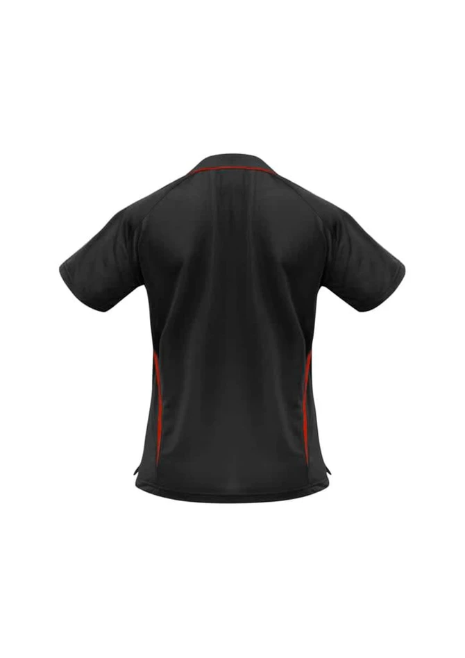 A black polo shirt with red accents, featuring short sleeves and a logo on the back.