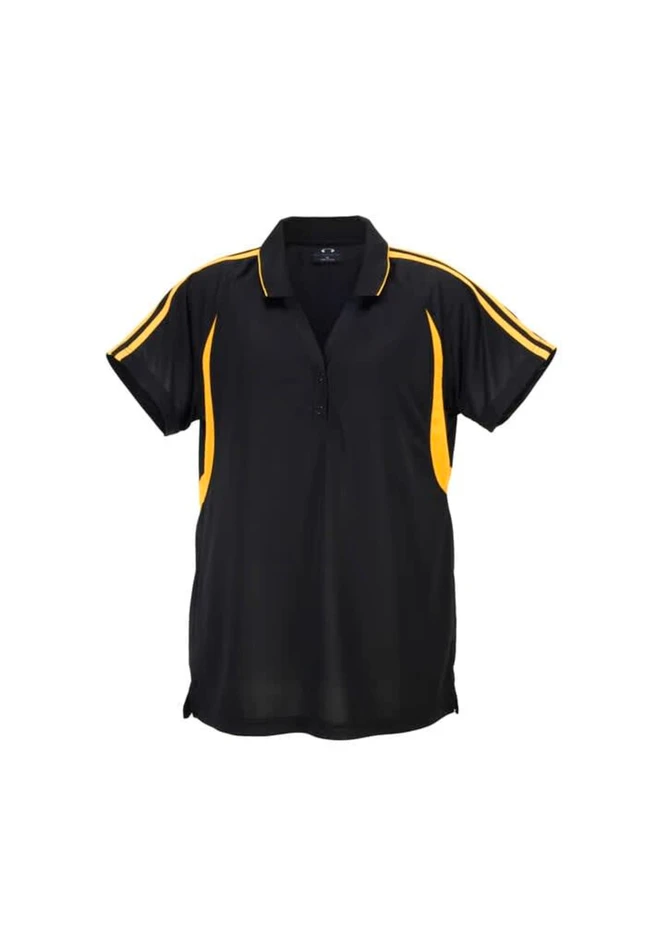 A black polo shirt with yellow accents and a collar, featuring a logo on the front.