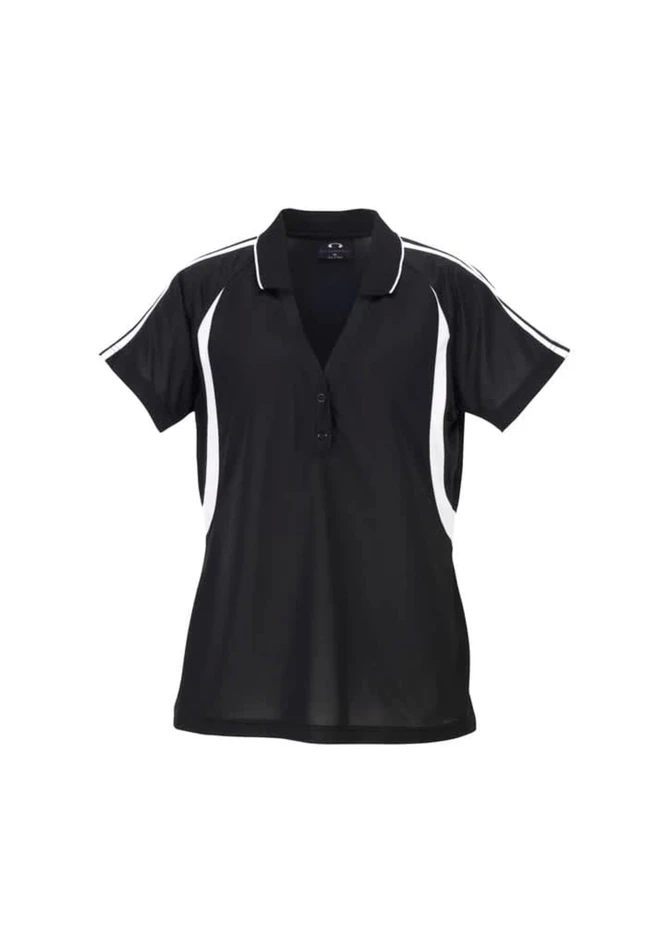 A black ladies polo shirt featuring white stripes and a collar, with a logo on the front.