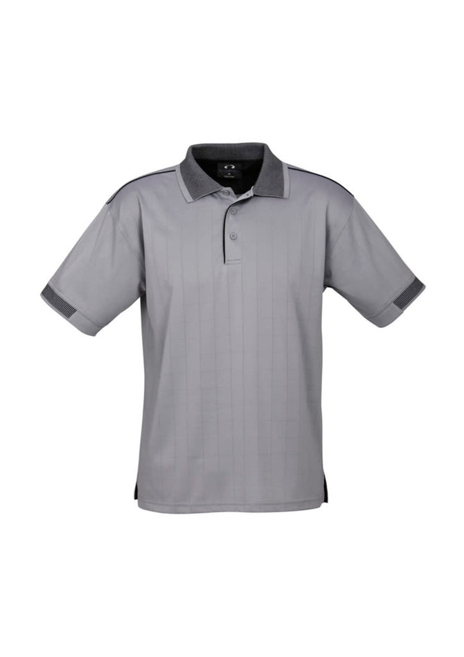 A grey short sleeve polo shirt with contrasting details and a logo. Suitable for casual or semi-formal wear.
