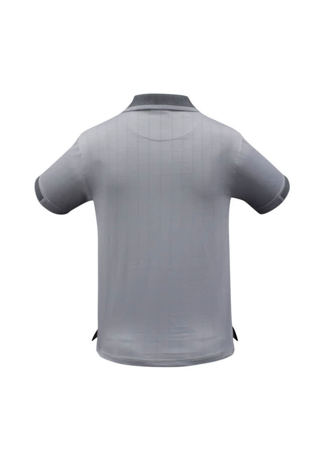 A grey men's short sleeve polo shirt with a collar and contrasting details on the sleeves, featuring a logo.