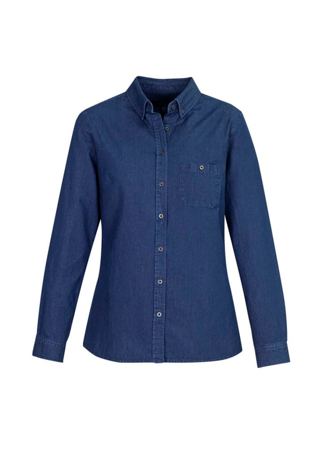 A women's button-up shirt in a dark blue denim style with a single chest pocket and long sleeves.