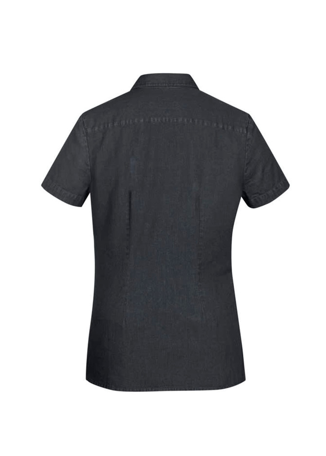 A black women's button-up shirt with short sleeves, featuring a back yoke and a logo.