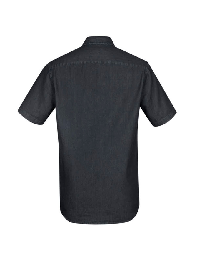 A dark grey men's short sleeve button-up shirt with a fitted back and collar. Features a logo on the label.