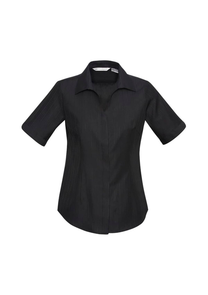 A black women's button-up shirt with short sleeves and a fitted design, featuring a logo.