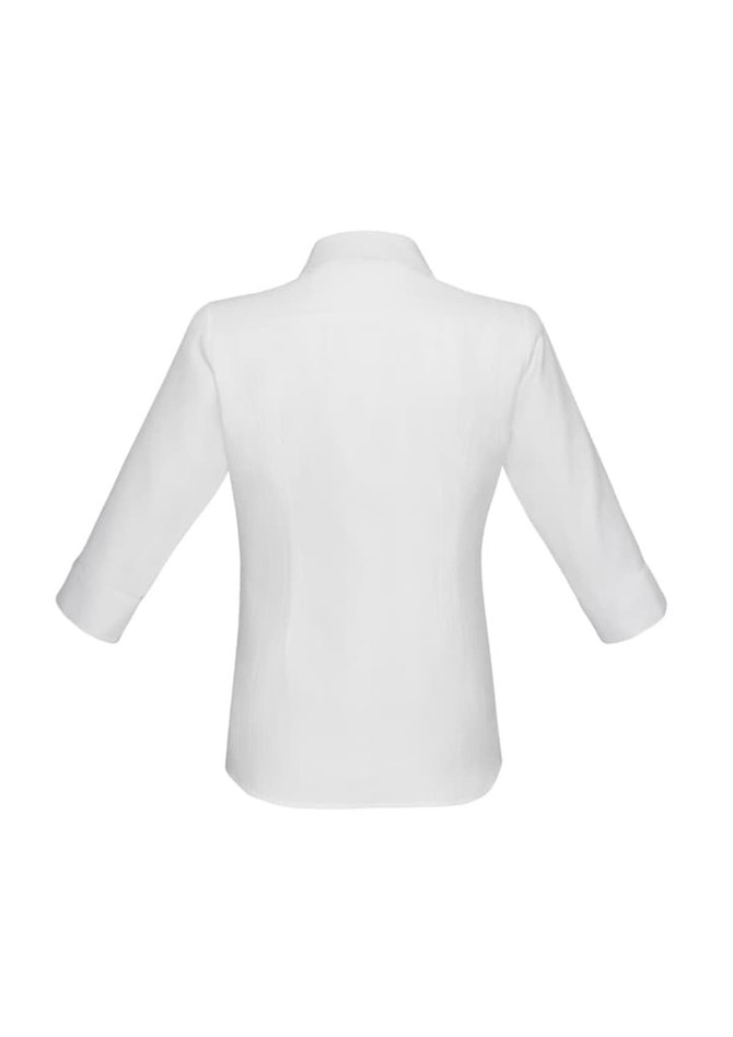 A white women's button-up shirt with 3/4 sleeves, featuring a collar and rolled sleeves, with a logo present.