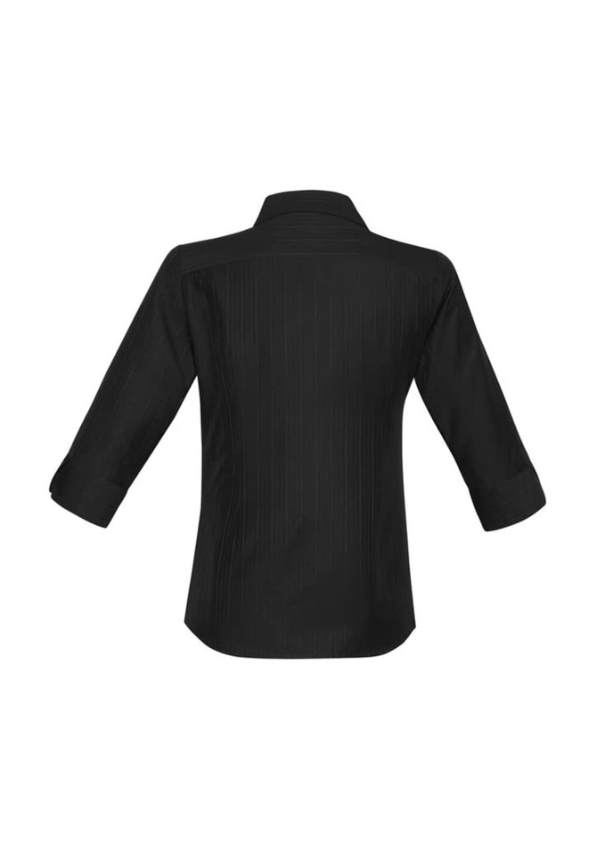 A black women's button-up shirt with 3/4 sleeves and a pinstripe pattern, featuring a simple collar and back design.