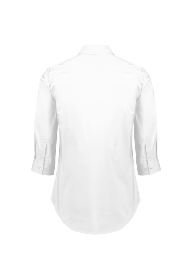 A white women's button-up shirt with 3/4 sleeves and a curved hem, featuring a logo on the back.