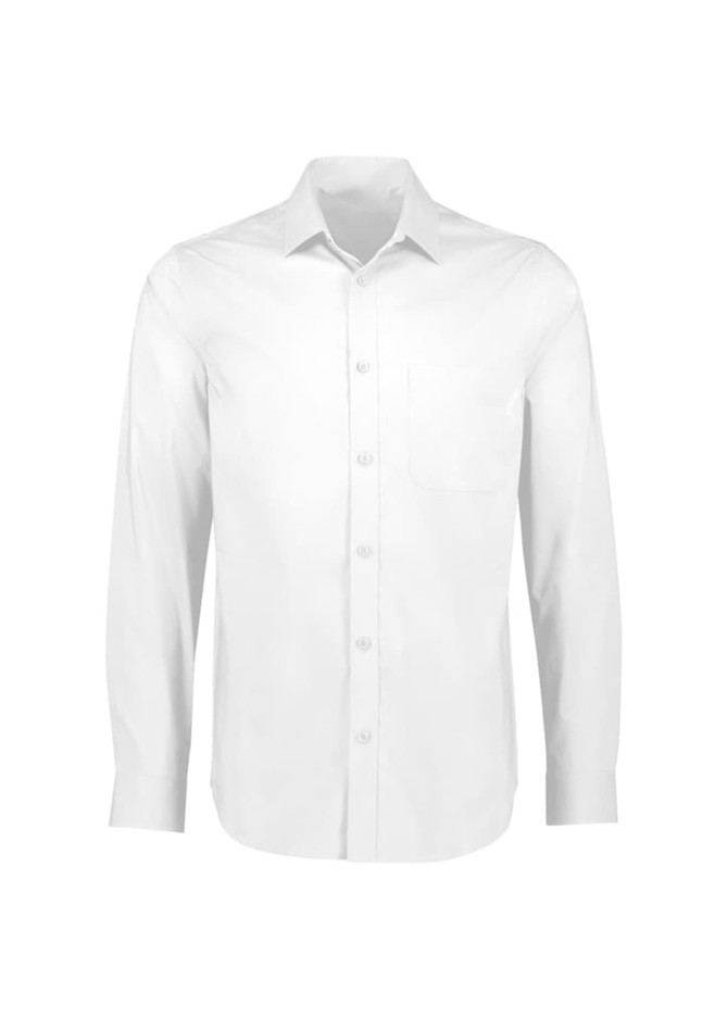 A white button-up shirt with long sleeves, featuring a single chest pocket and a logo.