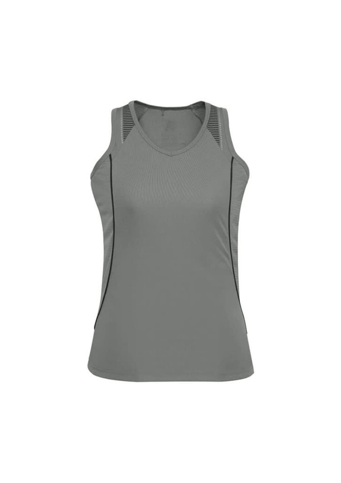 A women's singlet in a muted green colour with a fitted design and side panel detailing. It features a logo.