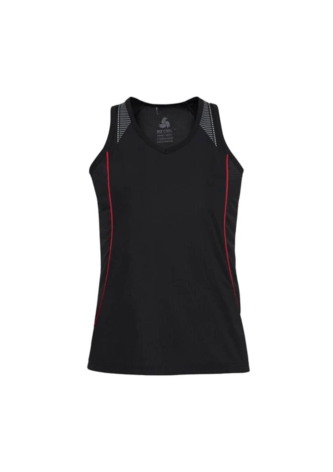 A black singlet with red accents and mesh detailing, featuring a logo.